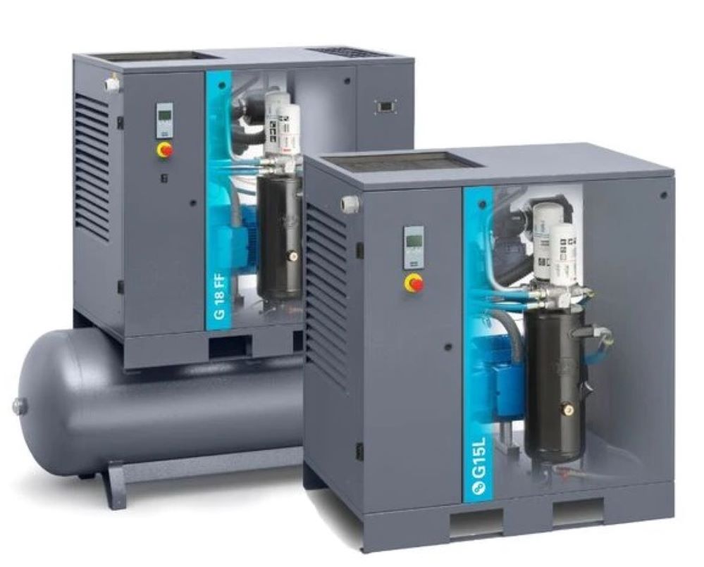 Atlas Copco's all-new G 15L-22 belt-driven compressor from Atlas Copco is quiet, efficient, powerful and reliable. In short, it checks all the boxes that matter most to small business owners with limited running hours. And what’s even better, this robust quality comes with the lowest initial investment cost.1. Belt-driven element & motorAtlas Copco’s patented rotary screw element allows for a 100% duty cycle.The complete unit is designed to operate at ambient temperatures of up to 46°C.Reduced noise levels and low vibration.2. Control & monitoringNew BASE controller offers straightforward monitoring and control.Icon-based display, pressure settings, temperature reading.Running hours/hours working @ load.Service warnings.Outlet pressure setting directly on the controller.Pressure and element outlet temperature reading.3. Cost-efficient maintenanceAll the main components, the oil separator and oil filter are easily accessible, ensuring fast and simple maintenance.4. Easy installation A true plug-and-play solution for installation companies and OEMs.Optional integrated dryer, air filters and factory mounted.Easy transportation by forklift.Remarkably compact footprint. 5. Full Feature (FF) Integrated refrigerant air dryer.Wet vessel ensure lower load on dryer.6. Cooler Bigger coolers for lower operating temperature Longer oil life Model: G15L-G22 with Max Pressure Range from 7.5 Bar to 13 Bar, with FAD of 68 CFM to 129 CFM of Motor Rating from 20 Hp to 30 HP