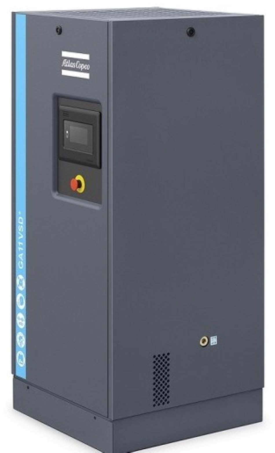 Inside the intelligent, smart GA7-22VSD               A new standard in compressor efficiencyAtlas Copco’s GA7-22VSD compressors feature smart drive and intelligent control for unprecedentedreliability and efficiency. We integrate Variable Speed Drive as standard, along with an Integrated PermanentMagnet motor and a unique air compressor inverter. As a result, the GA7-22VSD reduces energy consumptionby an average of at least 35%, setting a new benchmark for cost savings and sustainable performance in thecompressor industry.DRIVE TRAIN -Interior Permanent Magnet (IPM) motorVery high efficiency: equalizing IE4Compact, customized design for optimal cooling by oilIP55 (GA7-22 VSD)No cooling air flow requiredOil-lubricated motorElementMade by Atlas CopcoRobust and silentHigh efficiencyDirect driveNo gear or belt efficiency lossCompact: footprint down 30%EfficientOn average, 10% lower Specific Energy Requirement (SER) than fixed-speed compressors. Energy consumption is typically reduced by at least 35% compared to an idling compressorMinimized efficiency losses through a direct drive with a permanent magnet motor equalizing IE4Optimized inlet flow at air-end through use of sentinel Valve to minimize pressure and air loss.Innovative(GA7-22 VSD) compressors are equipped with a leakage-free drivetrain designed by Atlas Copco.Smart and intelligentUnique inverter for air compressorsAdvance controller, developed by Atlas Copco, with control logic adapted to fit different operating conditionsModular design with proven performance and efficient material usage.W-fin cooling systemW-fin cooler is dependable in harsh conditionsAxial fan enhances cooler performanceRobust oil filter/separatorIntegrated bypass valve with the oil filter Easy maintenanceAdvanced controllerThe MKV Touch controller with SmartLink connectivity making compressor suitable for Industry 4.0Automatic restart after voltage failureDual pressure setpointDelayed Second Stop function.Unique inverterUnique inverter design for air compressorsSelf-adjusting control in abnormal conditionsEMC Filter (C2 Compliant)Full Feature (FF)Integrated refrigerant air dryerWet vessel ensures lower load on the dryerSpace-saving - Ensures moisture free air.ReliableProven durability with modular design to ensure maximum use of partsW-fin cooler for dependable performance in harsh environments.VSD up to 35% energy savingsAtlas Copco’s GA Variable Speed Drive technology closely matches the air demand by automatically adjusting the motor speed. This results in energy savings of on average 35% compared to load/unload machines.Model GA7VSD to GA 22VSD, Operating Pressure from 4 Bar to 13 Bar, FAD of 15.45 CFM to 141 CFM Motor Rating from 10 HP to 30 HP respectively.