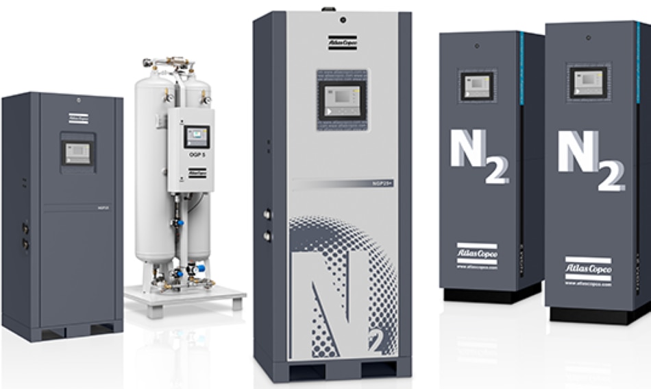 Bottled Nitrogen is History. On-Site Nitrogen is the Future.If your business is a regular consumer of nitrogen, you’re likely (and perhaps even painfully) aware of what a hassle nitrogen-tank rental and delivery can present. Those bulky nitrogen cylinders take up a lot of floor space in your facility and being such heavy vessels containing gas under high pressure, they amount to an ever-present safety risk. Further, the rental/delivery service can be very expensive, tank replacement regularly leads to downtime and added labor costs, the gas company’s strict contracts can be a challenge to get out of … and the list goes on.Atlas Copco offers a breadth of nitrogen generators that will allow you to generate nitrogen at your own facility - and at whatever purity level your application requires.Reliable gas supplyStop relying on third-party suppliers for your nitrogen gas supply, make your own with one of our nitrogen generators and experience 24/7 availability of gas. Simple, reliable and durable.Cost-effectiveCreating your own gas on site ensures no costly processing, refill and deliveries. It also removes the costly possibility of downtime due to a lack of gas.Plug-and-playOur gas generators come ready to use, all that is needed is a supply of compressed air. There is no need for costly installations.High reliabilityProven technology: simple, reliable and durable.The exact purity your application demands.Low operating costs for extra cost-efficiency.World-class expertise in a unique market offers from compressed air to gas.New generation membrane & PSA generators will change the market Atlas Copco’s latest membrane and PSA generators extend the advantages of the current range. Total lifecycle cost consists of the initial investment cost of the on-site installation, the service cost, and the energy cost. The NGP/NGM range has the lowest investment cost. However, with increasing running time, you are better advised to switch to the NGP+/NGM+ range to reduce energy costs.High flow capacity The wide product range and gas flows exceeding 3,000 Nm³/h (NGP/NGP+) make these generators ideal for a variety of demanding applications.Desired purityNGP/NGP+: nitrogen concentrations from 95% to 99.999%.Wide range of applicationsFood & beverage Laser cutting.Chemical applications.Plastic injection molding.Electronics.Pharmaceutical applications.Semiconductor manufacturing.Glass industries.Metal heat treatment.Cable & optical fiber industries.Models: NGP, NGP+ with purity ranging from 95% To 99.999%