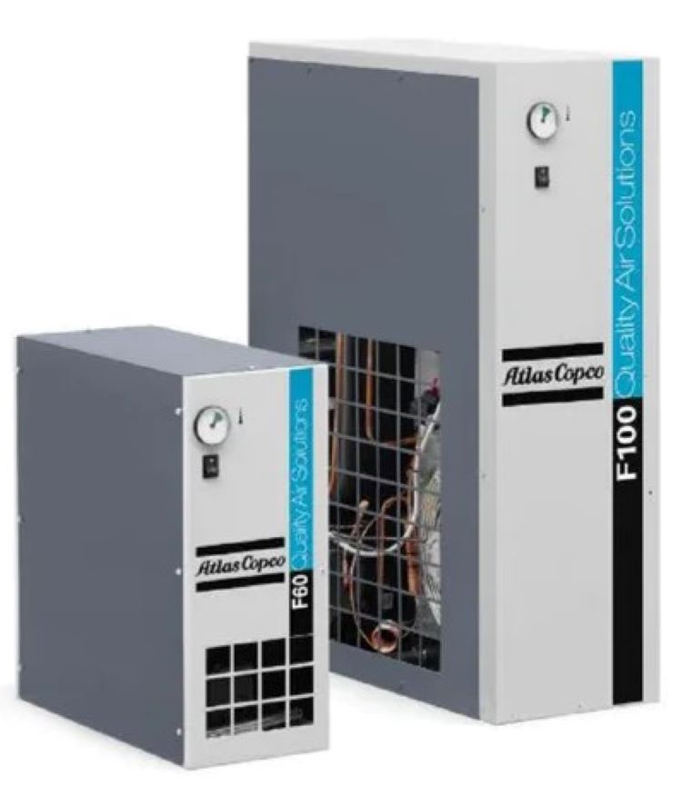 F series Refrigerant dryers 

THE COMPACT AND EFFICIENT DRY AIR SOLUTION
The Atlas Copco F series refrigerant dryers keep your compressed air system in optimal shape, removing humidity efficiently and reliably. With a stable pressure dewpoint as low as 7 °C, these compact, low maintenance dryers are compatible with most compressor technologies and applications.

Strong performance & reliability
Stable pressure dewpoint as low as 7 °C.
Simple and proven design.
Quality components.
Quick installation & easy operation

Compact footprint of only 0.13 m2.
Simple vertical design.
Quick plug-and-play installation.
Dewpoint indicator to verify air quality

Cost savings
Efficient cooling system ensures low energy costs.
Increased lifetime of tools and equipment.
Fewer repairs to tools, machines and pipe work.
Low maintenance
Long service intervals.
Easy access to key components.

RECOMMENDED APPLICATIONS
Pneumatic tools and equipment, Pneumatic control systems, Painting, Packaging, Injection molding etc.

Model: F5 to F130 ranging from 10.6 CFM to 275.5 CFM 