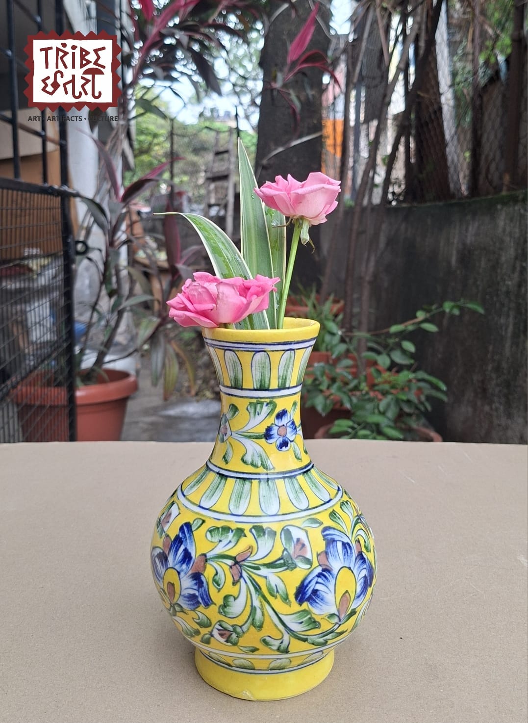 Sunshine & Blooms: Handpainted Jaipur Blue Pottery Vase image 1
