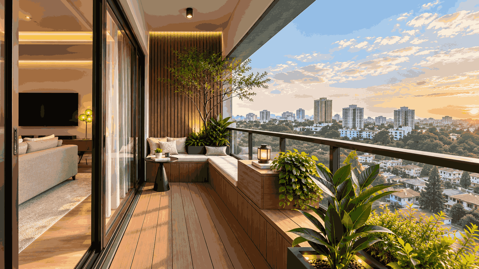 Premium Balcony Interior Design with Wooden Seating | Chennai image 1