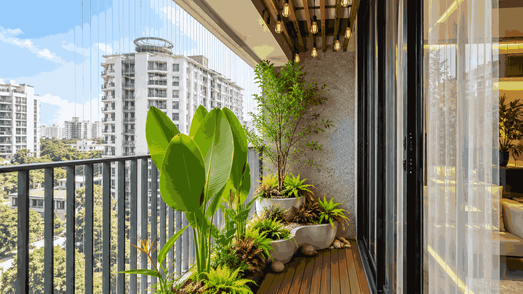 Tropical Balcony Garden Design with Wooden Deck and City View | Porur image 1