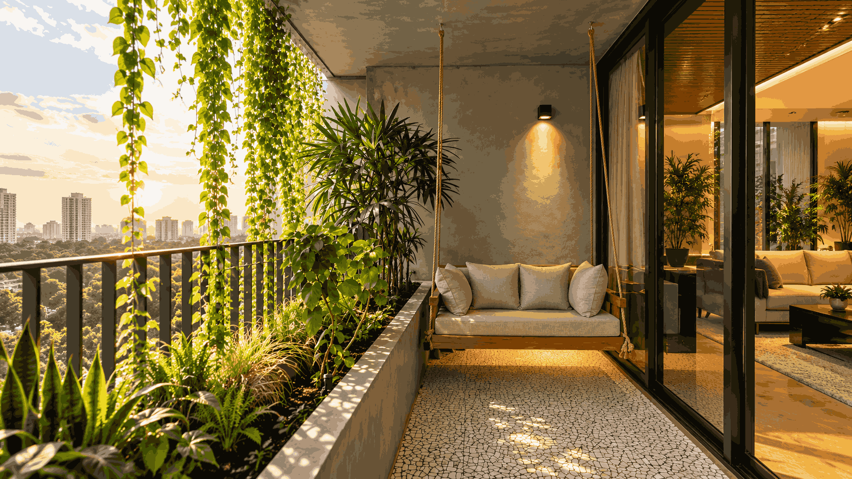 Swing Balcony Garden Design with Hanging Plants and Sunset View | Kanchipuram image 1
