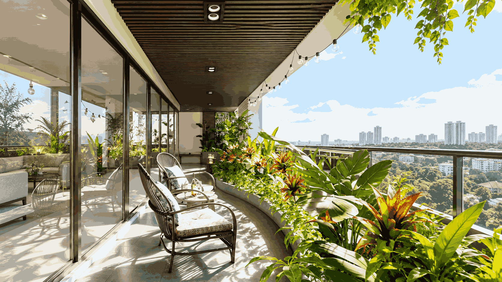 Tropical Green Balcony Seating Design with Panoramic View | Adyar image 1