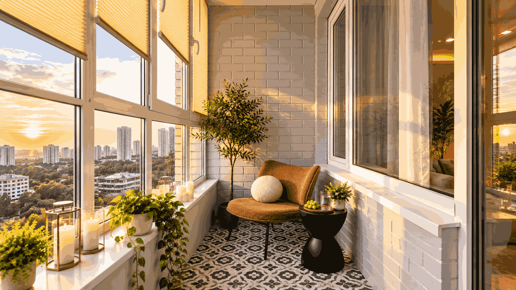 Sunset Balcony Retreat Patterned Flooring, Cozy Seating And Greenery | Amma Nagar image 1