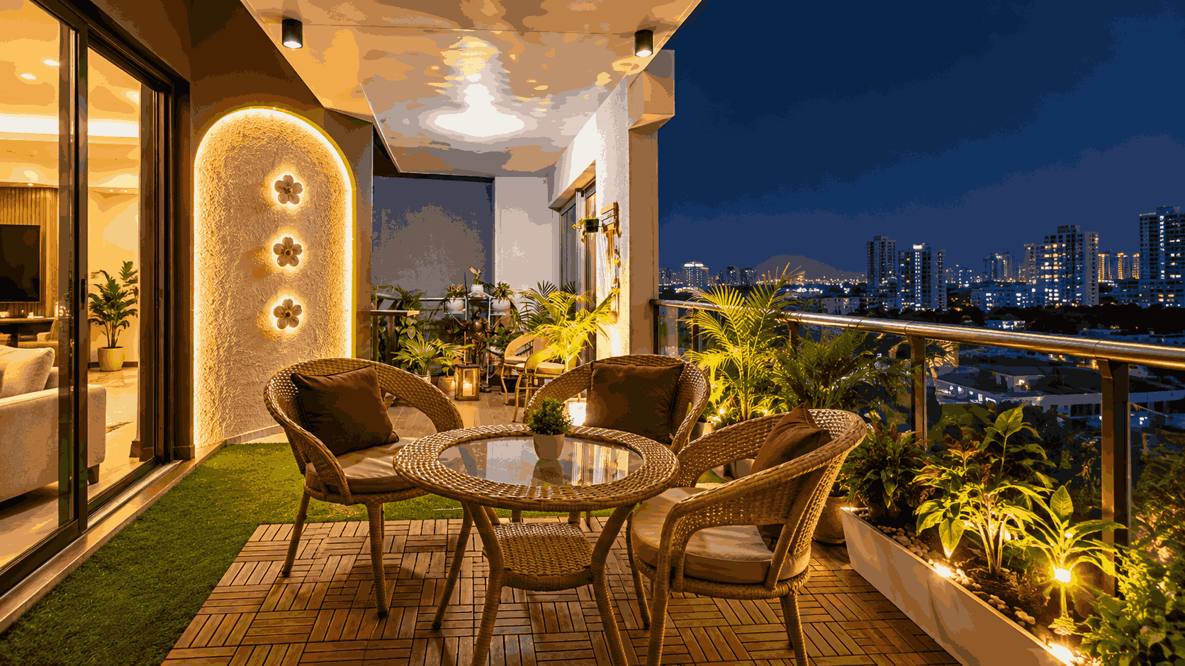 Luxury Nighttime Balcony Lounge Warm Lighting And Lush Greenery | Velachery image 1