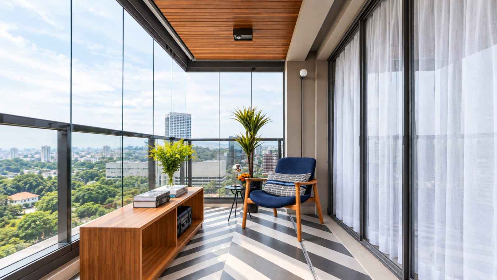 Scenic Glass Balcony Retreat Blue Lounge Chair And Warm Wood Ceiling | Chengalpattu image 1