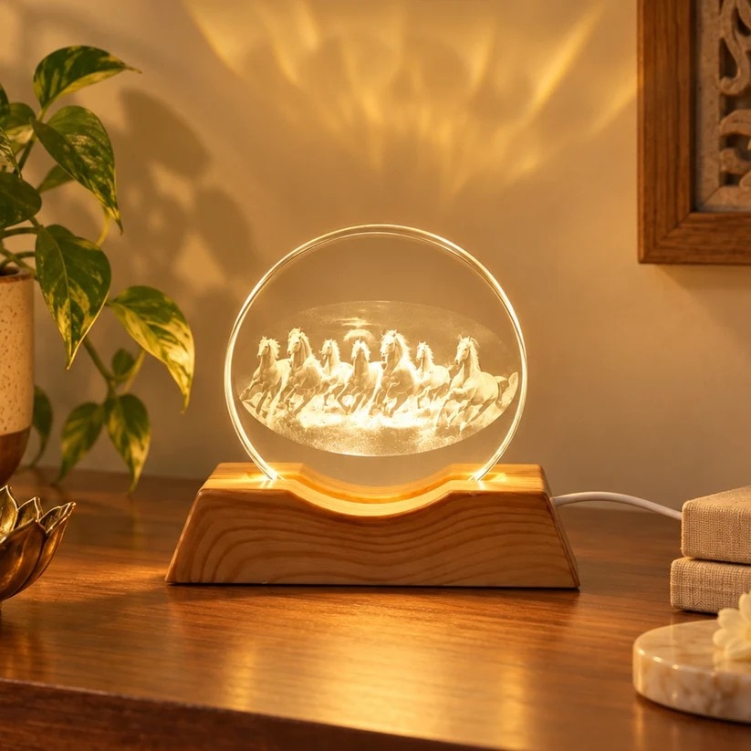 3D Running Horses Crystal LED Table Lamp with Wooden Base (1 Pc) (12384) image 1