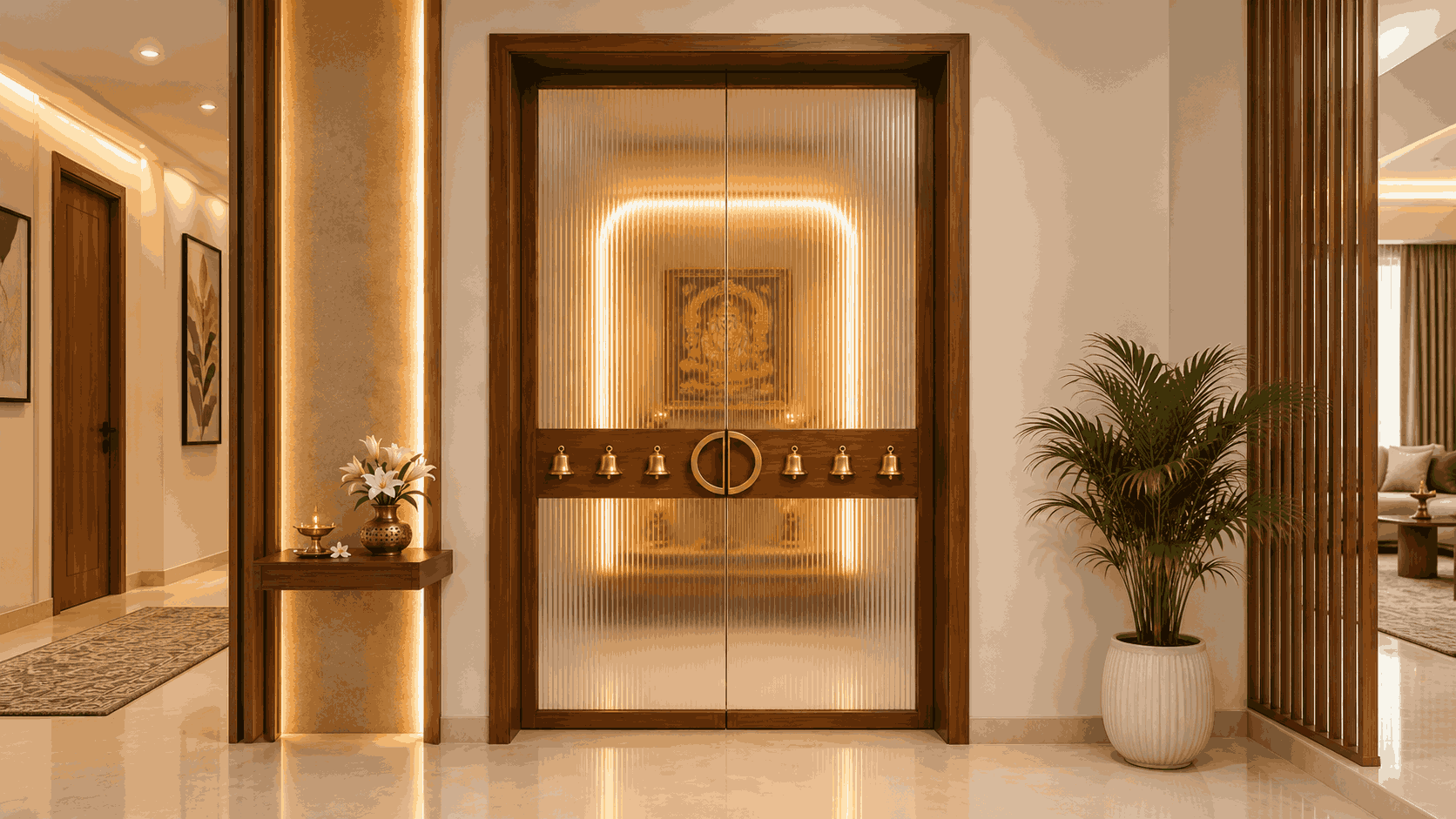 Premium Pooja Room Design with Fluted Glass Doors and Brass Bell Detailing | Porur image 1