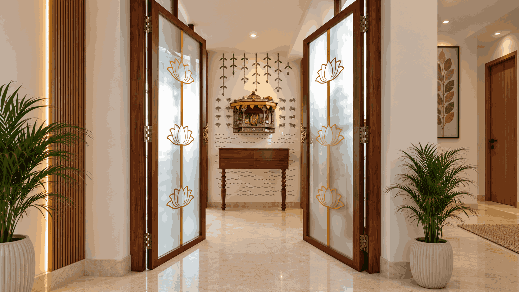 Pooja Room Design with Lotus Glass Doors and Wooden Mandir | Adyar image 1