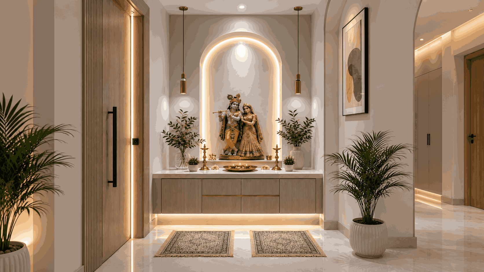 Pooja Room Design with Illuminated Arch and Fluted Wood Cabinets | Anna Nagar image 1