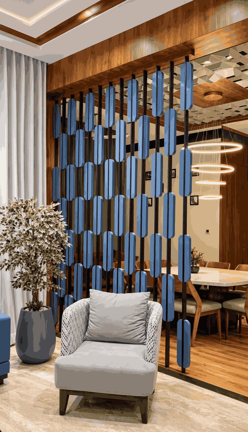 Blue Vertical Slat Partition with Decorative Rounded Panels and Wooden Frame | Adyar image 1