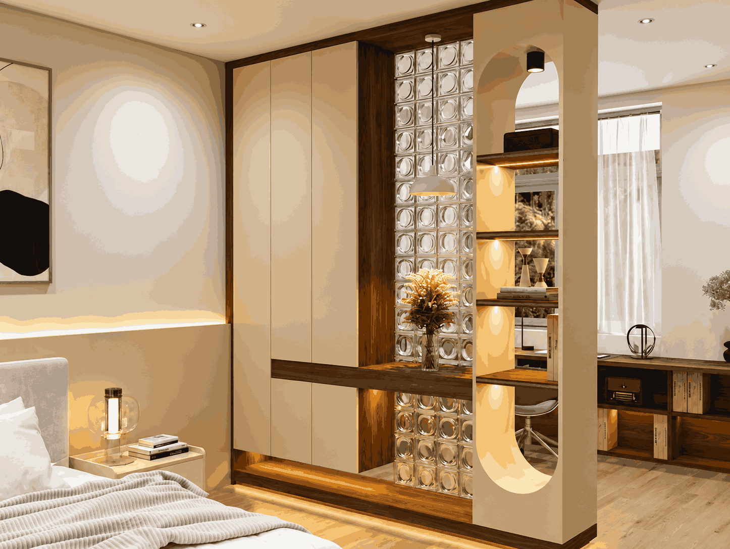 Bedroom Wardrobe Partition with Glass Block Feature Wall and Illuminated Display Shelves | Velachery image 1