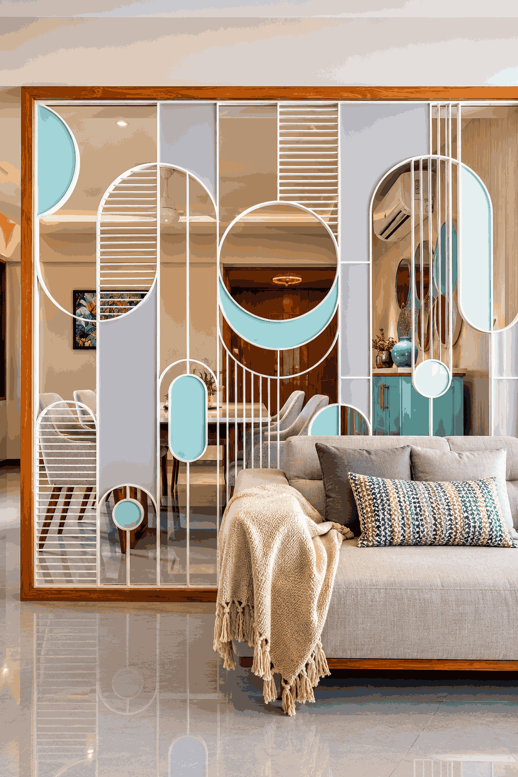 Geometric Decorative Partition with Aqua Blue Circular Panels and Wooden Frame | Velachery image 1