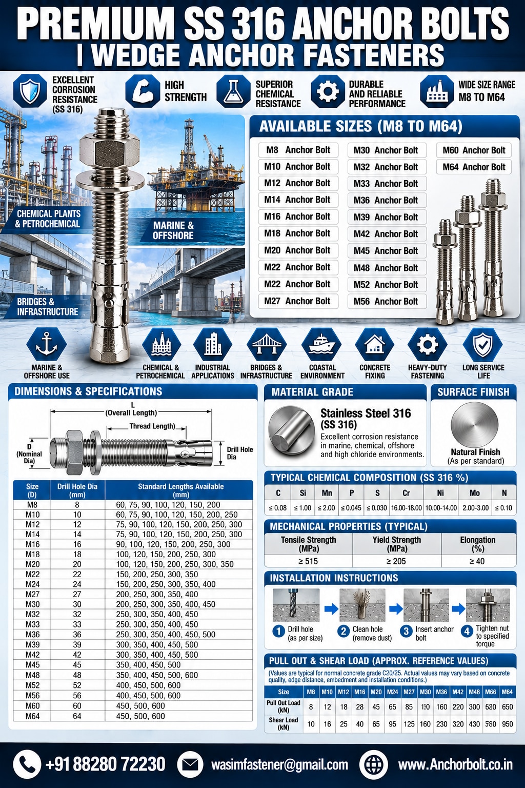 SS 316 Anchor Bolt SS 316 Wedge Anchor Bolt SS 316 Anchor Fastener SS 316 Mechanical Anchor SS 316 Expansion Bolt image 1
