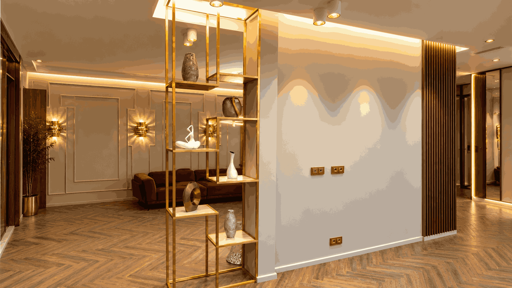 Gold Metal Decorative Display Partition with Integrated Open Shelving | Chengalpattu image 1