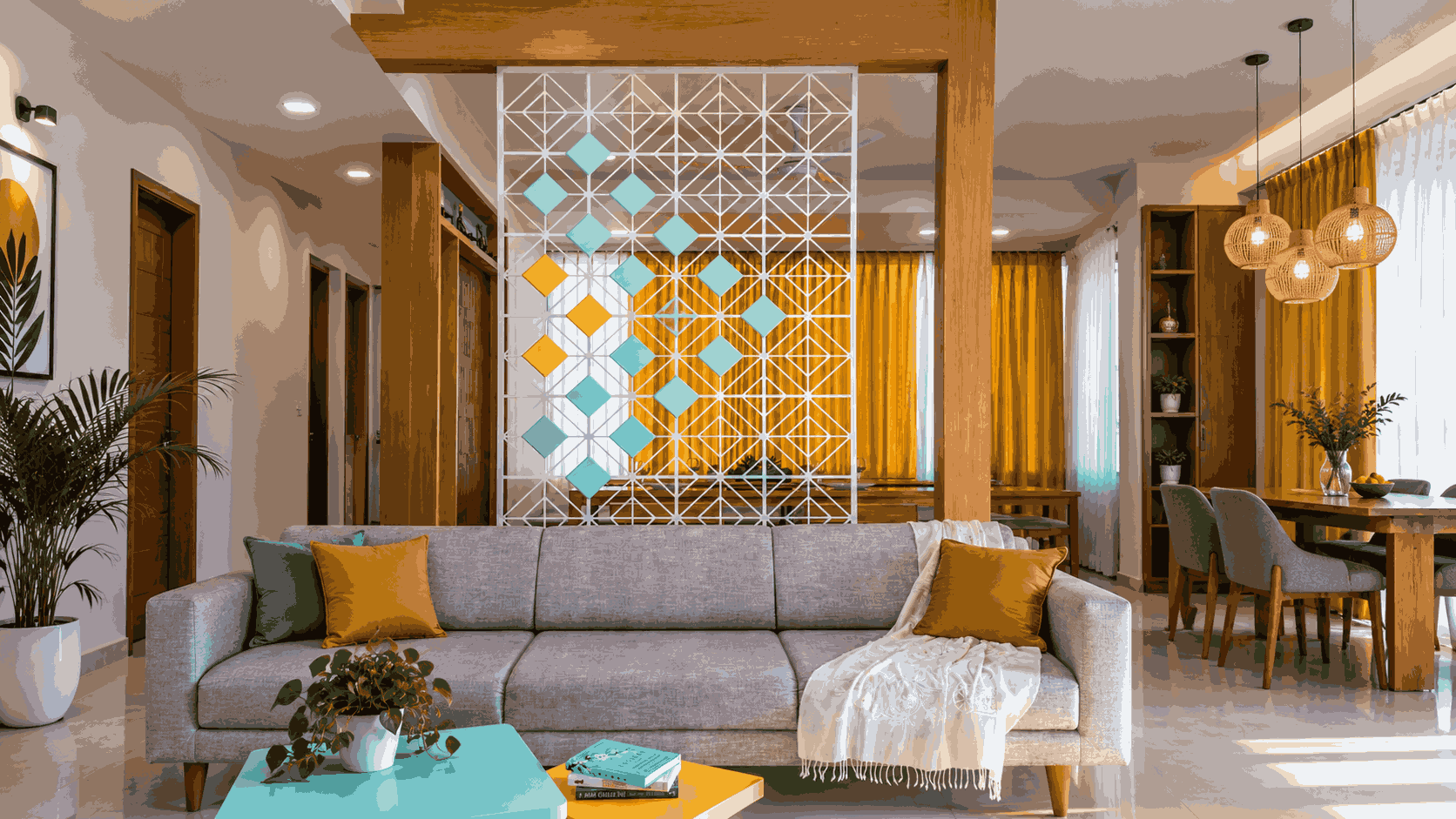 Modern Geometric Partition with White Metal Framework and Teal Yellow Diamond Accents | Sholinganallur image 1