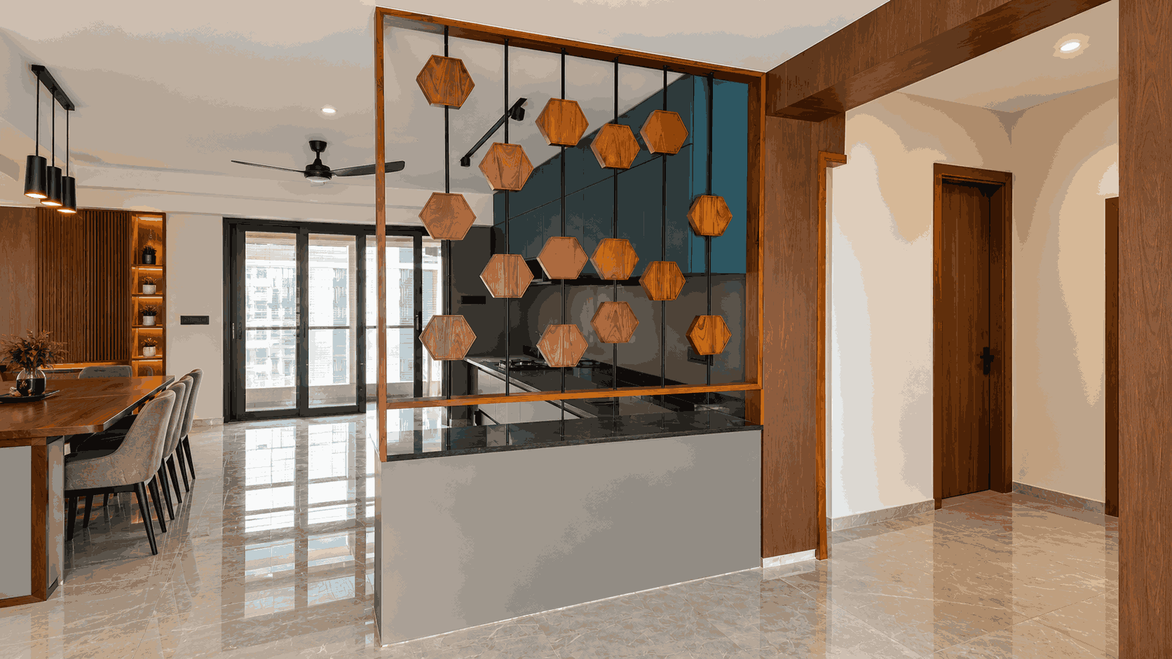 Wooden Frame Partition with Decorative Hexagonal Hanging Panels | Porur image 1