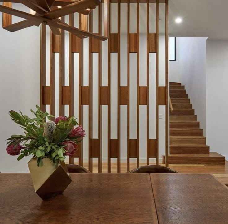 Vertical Wooden Slat Partition with Staircase Integration | Velachery image 1