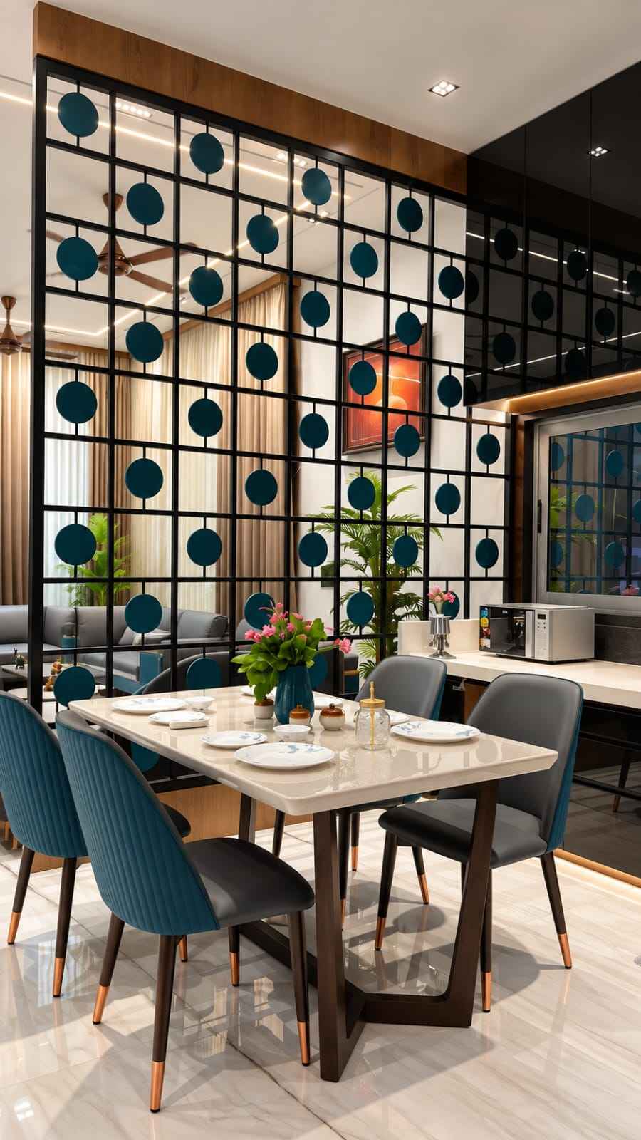 Modern Black Metal Grid Partition with Teal Circular Accents | Kanchipuram image 1