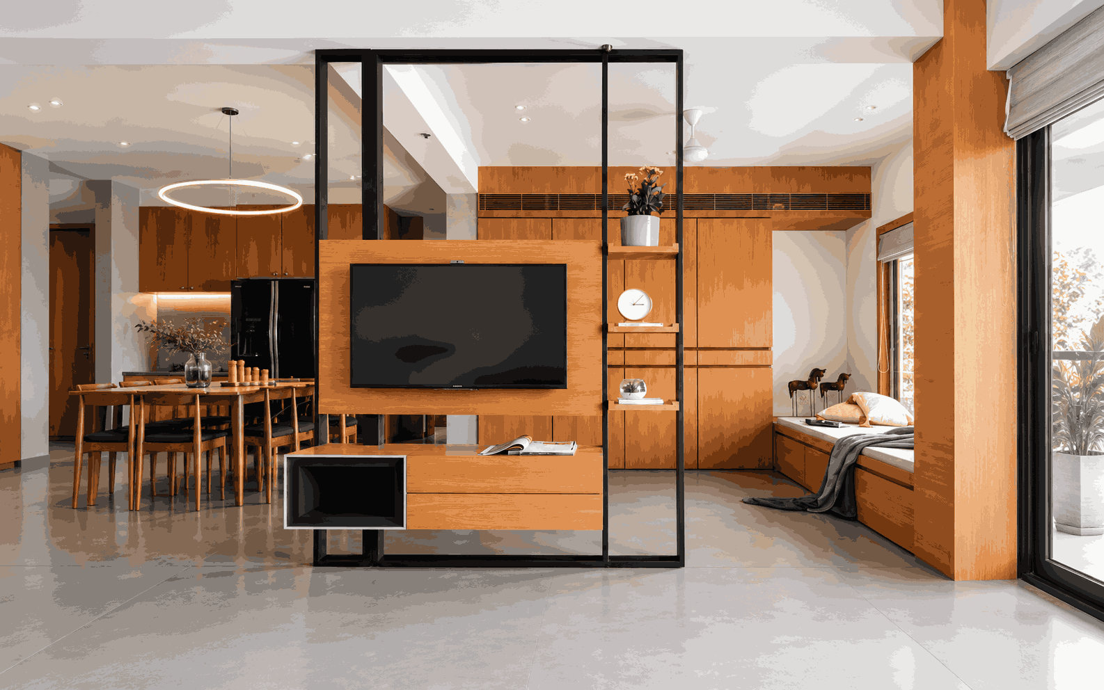 Wooden TV Unit with Black Metal Frame Partition | OMR image 1