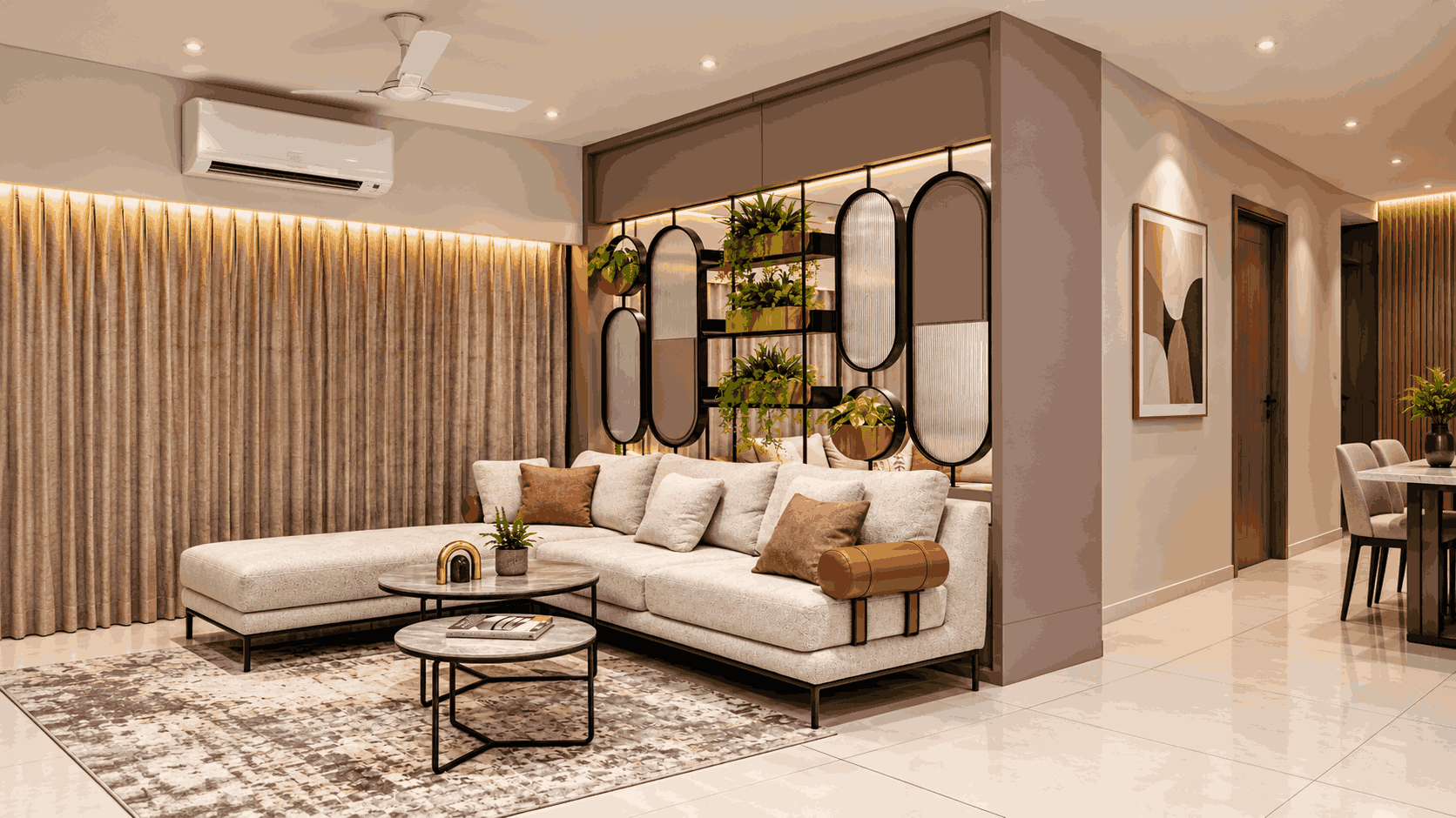 Living Room with Geometric Display Partition and Warm Ambient Lighting | Chengalpattu image 1