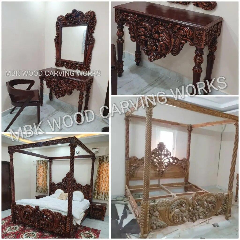Wooden bed and dressing table image 1