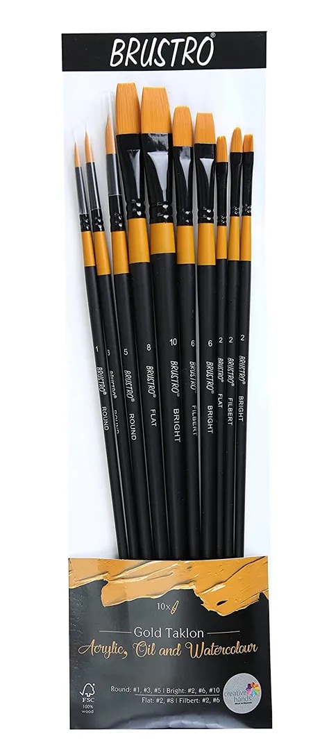 Brustro Artists Gold Taklon Set of 10 Brushes for Acrylics, Oil and Watercolour image 1