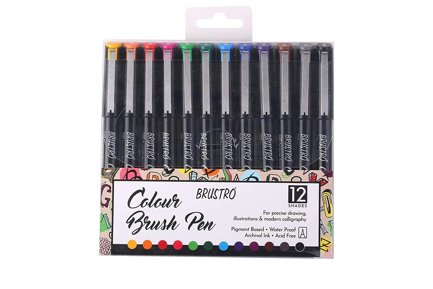 BRUSTRO Colour Brush Pens Set of 12 (Pigment Based, Hard tip Brush Pen) Flexible tip for Lettering and Drawing Techniques. image 1