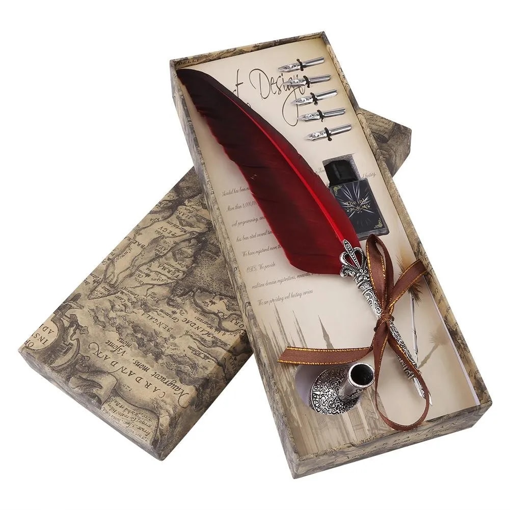 Calligraphy Feather Dip Quill Pen Writing Ink Set Stationery Gift Box with 5 Nibs(Red image 1