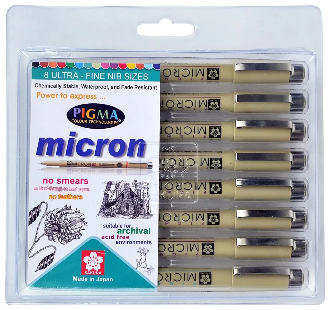 Sakura Pigma Micron Fine Line pens - Set - A (with 04 nib added) - Pack of 8 assorted nibs in Black colour (003,005,01,02,03, 04, 05 & 08 tip) image 1