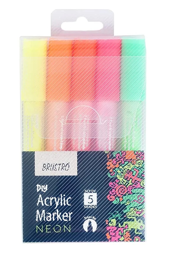 Brustro Acrylic (DIY) Marker Set of 5 (Fluorescent Shades) for Craftworks, School Projects, and Other Presentations image 1
