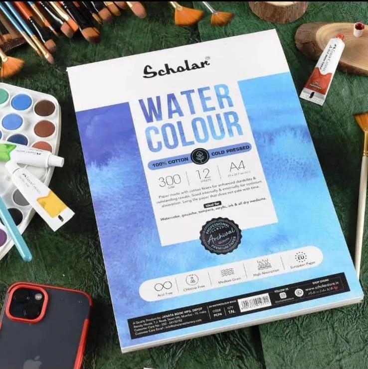 SCHOLAR 100% COTTON WATERCOLOUR PAD 300 GSM COLD PRESSED A4 12 SHEETS (PCP4) image 1