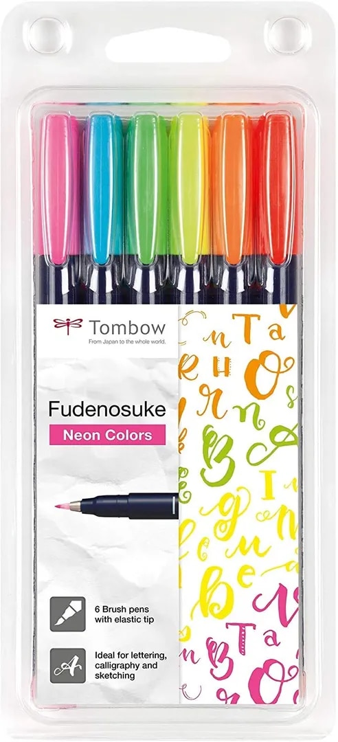 Tombow Fudenosuke Hard Tip Brush Pens (Set of 6) - Neon Colours image 1