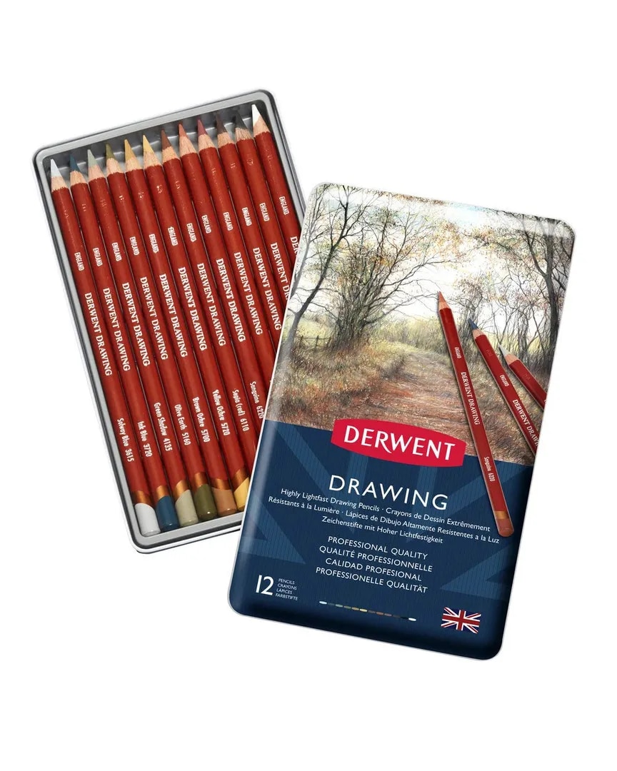 Derwent Drawing Colouring Pencils Tin Set of 12 image 1