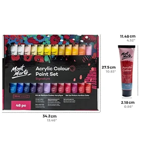 Mont Marte Acrylic Paint Set 48 Colors 36ml, Suitable for Canvas, Wood, MDF, Leather, Air-Dried Clay, Plaster, Cardboard, Paper and Crafts, Multicolour image 1