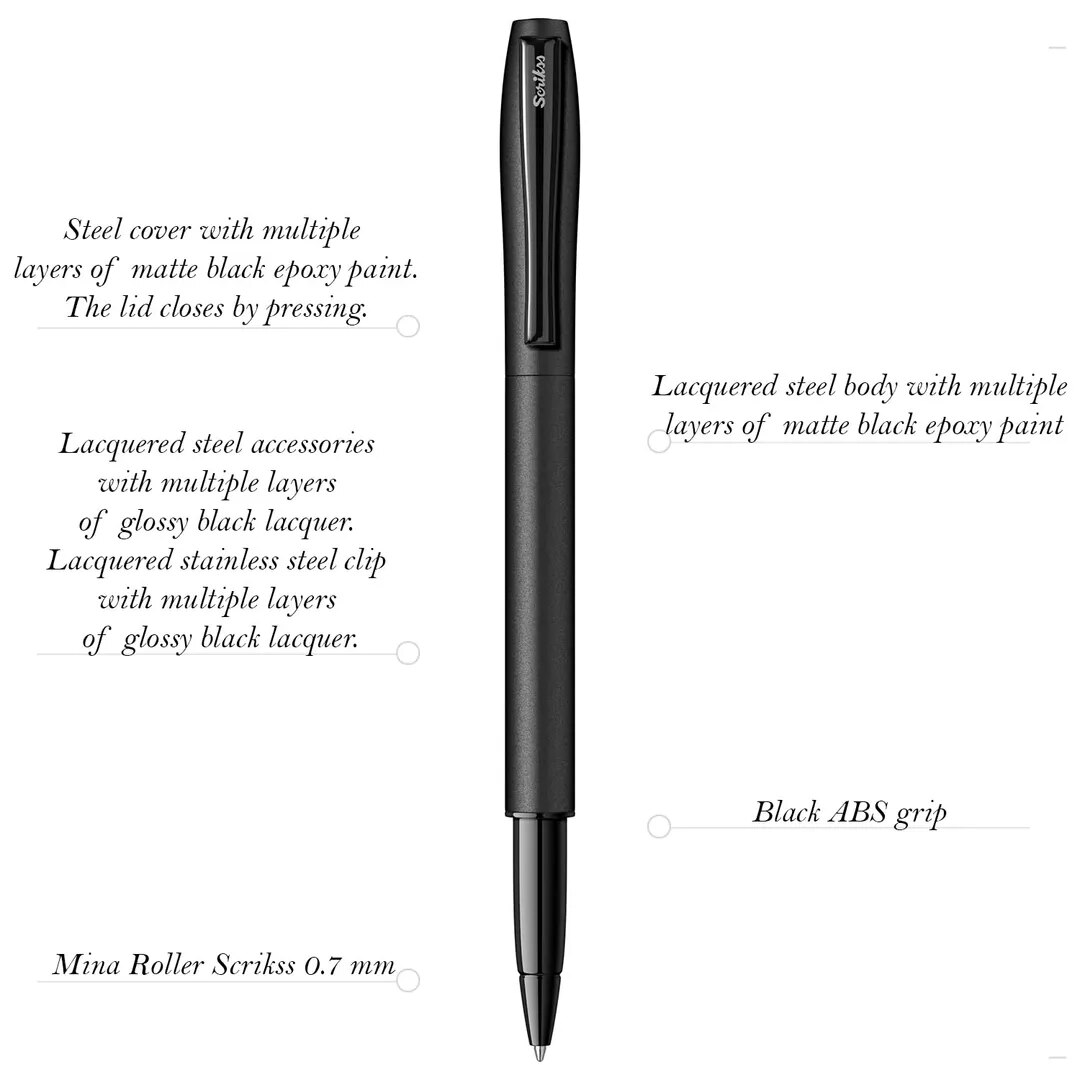 Scrikss Carnival 0.7mm Roller Ball Point Pen - Matte Satin Black SS Barrel & Cap, Layered With Epoxy Paint, SS Clip With Glossy Black Lacquer, ABS Black Grip For Writing Gift Adults Office Use image 1