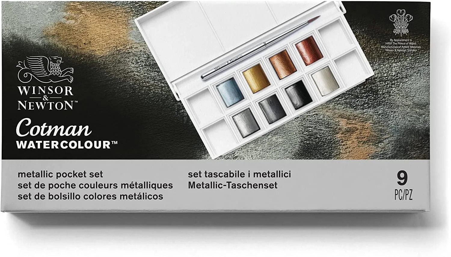 Winsor and Newton Cotman Water Colour Metallic Pocket Set - 8 Half Pans With Brush image 1