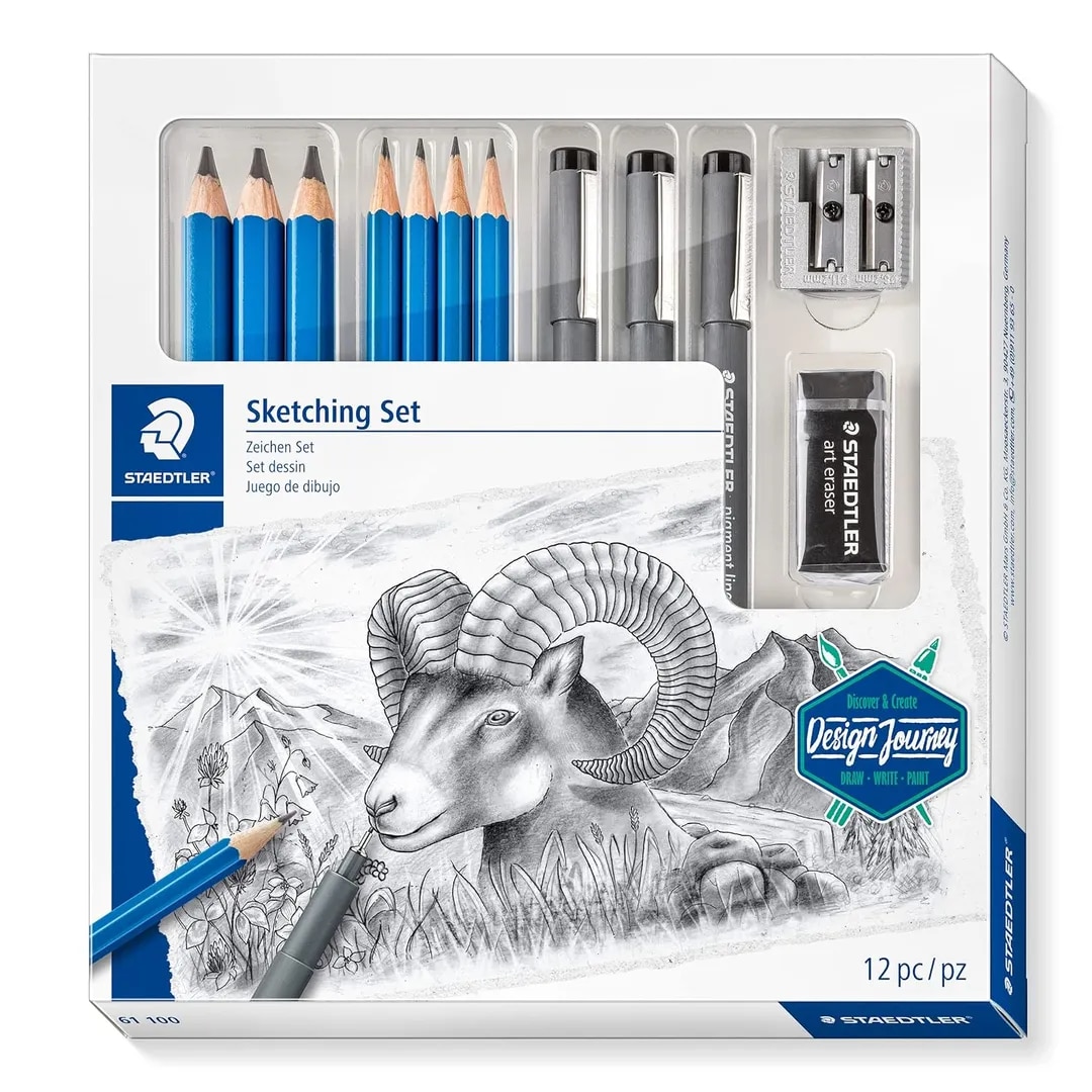 Staedtler Mars Lumograph Art Set|Drawing Kit With Art Pencils, Drawing Pens, Eraser& Double Hole Sharpener (61 100), Black image 1