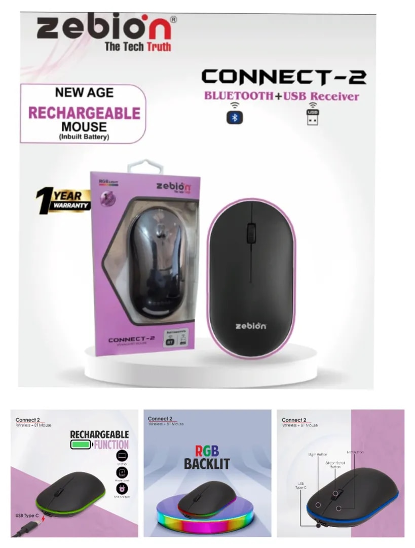Zebion Connect – 2 Wireless Mouse with Dual connectivity, Silent Click, Slim Design, Rechargeable Battery, 6 Color Backlit RGB, Transmission Rang 10m, 2.4 GHz Wireless, 1 Year Warranty image 1