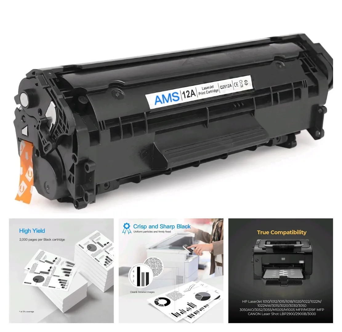 AMS 12A Toner Cartridge for HP 12A Q2612A High Yield Compatible for HP Laserjet M1005 MFP,1020,1010/1012/1018/1022/1022n/1022NW/3015/3020/3030/3050/3050z/3052/3055/M1319/M1319F/Canon 2900 image 1