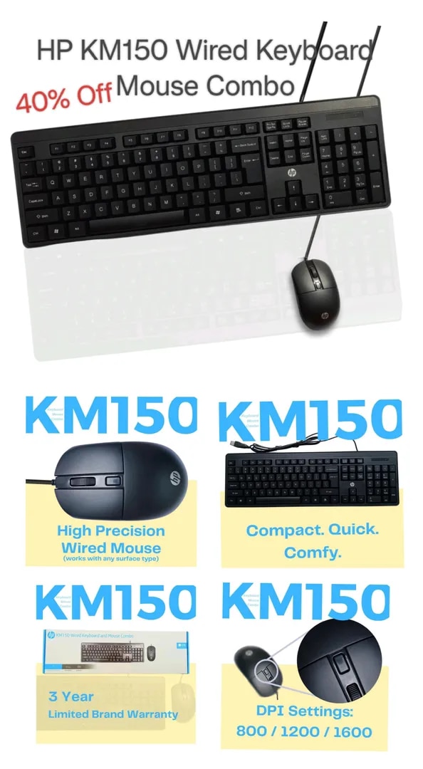 HP KM150 Wired Keyboard and Mouse Combo Full-Size Keyboard, 1600 DPI Ergonomic Optical Sensor Mouse, Instant USB Plug-and-Play, 12 Shortcut Keys, Adjustable Slope Keyboard (3-Years Warranty) image 1