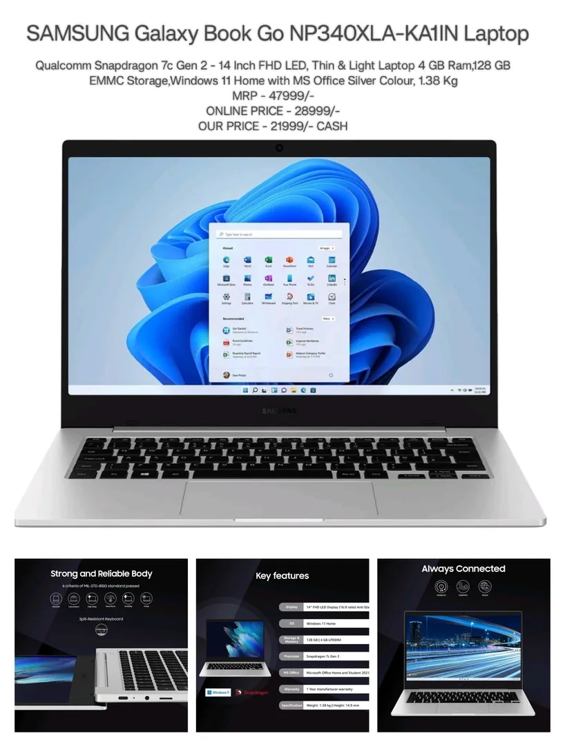 SAMSUNG Galaxy Book Go NP340XLA-KA1IN Laptop
Qualcomm Snapdragon 7c Gen 2 - 14 Inch FHD LED, Thin & Light Laptop 4 GB Ram,128 GB EMMC Storage,Windows 11 Home with MS Office Silver Colour, 1.38 Kg image 1