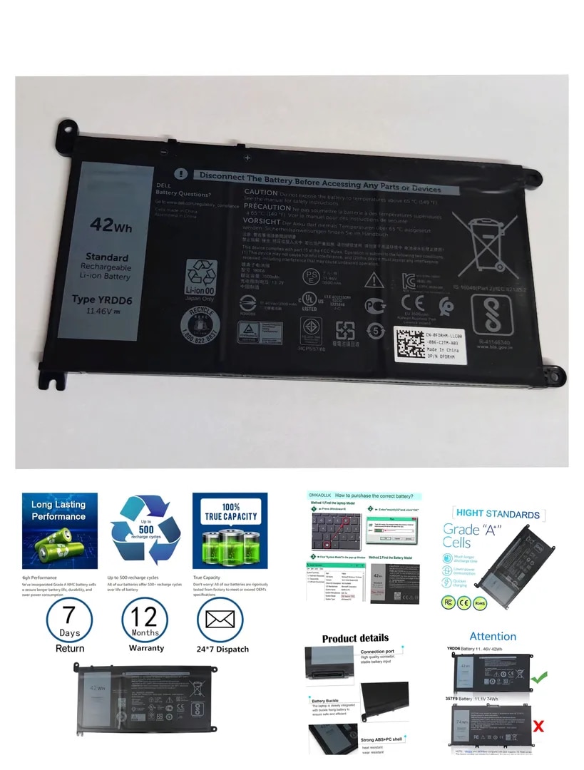 AMS 42Wh YRDD6 Replacement Laptop Battery for Dell Inspiron 15 3000 Series 3583 3593 3582 3501 Inspiron 15 5000 Series 5584 5585 5593 5594 5598 Inspiron 14 5481 P75F P93G P93G001 Vostro 5490 1VX1H VM732 image 1