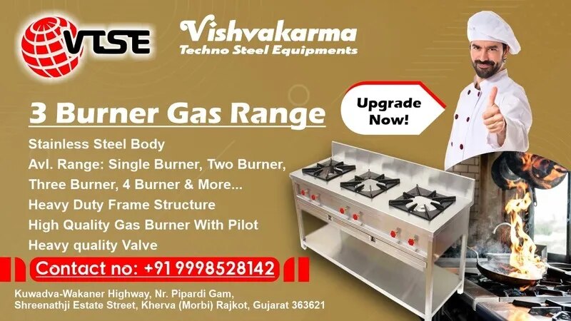 Three Burner Gas Range | Commercial SS 304 Gas Stove Range | Heavy Duty | VTSE image 1