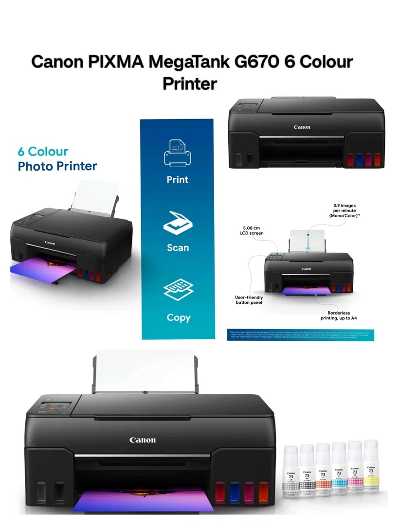 Canon PIXMA MegaTank G670 6 Colour, Print,Scan,Copy, High Volume Printing Photo Printer, User Replaceable Print Heads & Maintainence Cartridge - Easy EMI Option image 1