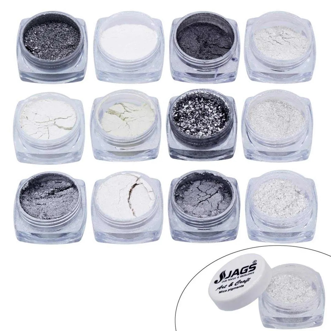 Mica Pigment Powder For Resin Art | Pack of 12 colors | 12 Grams Each | Silver Shades image 1