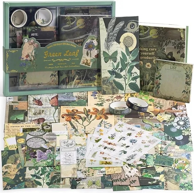 Scrapbook Kit 232 Pcs, Junk Journal Kit with Journaling Supplies, Scrapbook Paper, A6 Grid Notebook, Washi Stickers, Washi Tape, Scrapbook Kit Craft DIY Gift Set (Nature) image 1