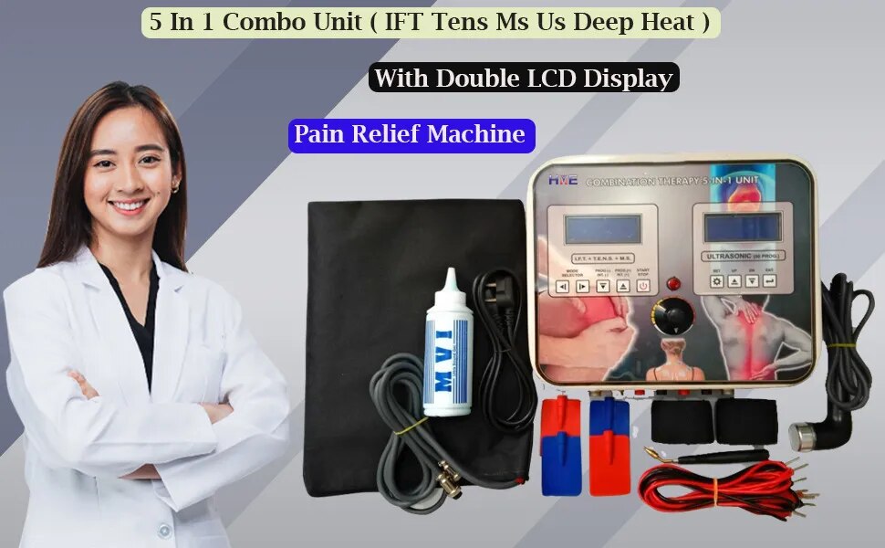 5 in 1 Combo Unit (IFT TENS MS US Deep Heat) With Double LCD Modle Fiber Body image 1